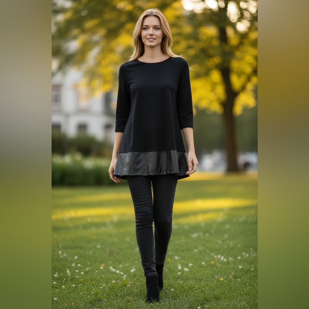 Lisette L Montreal Womens Black 3/4 Sleeve Knit Top Small Faux Leather Cocktail